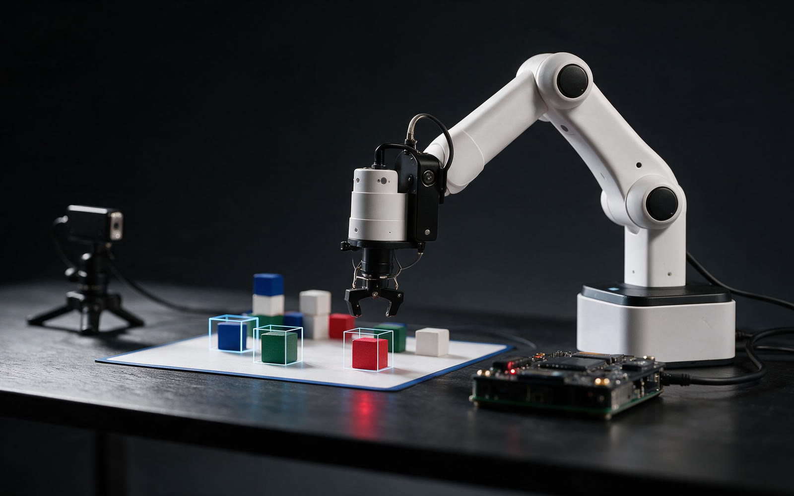 Robot arm sorting cubes, driven by an on-board LLM