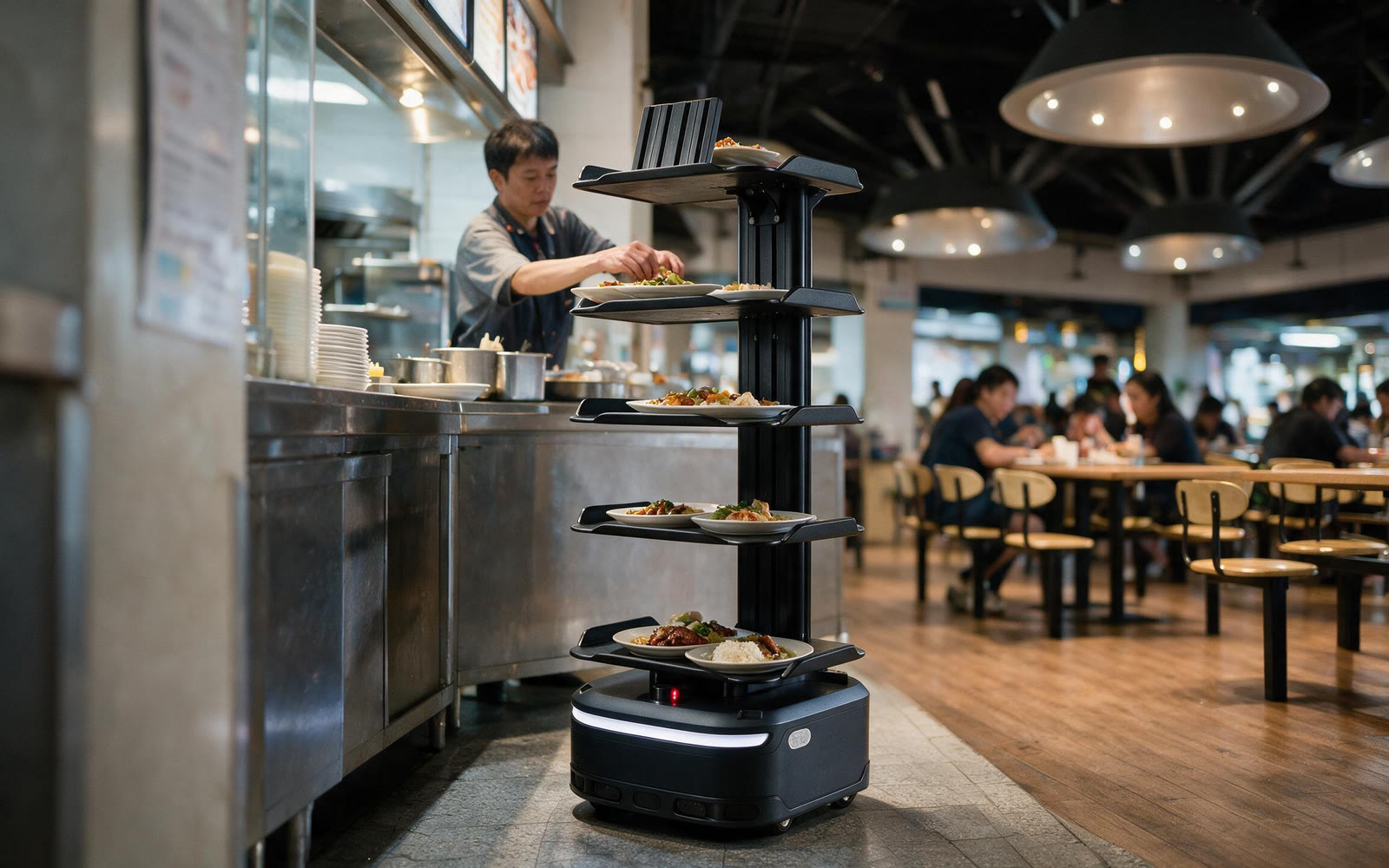 3段トレイに料理を載せた配膳ロボット