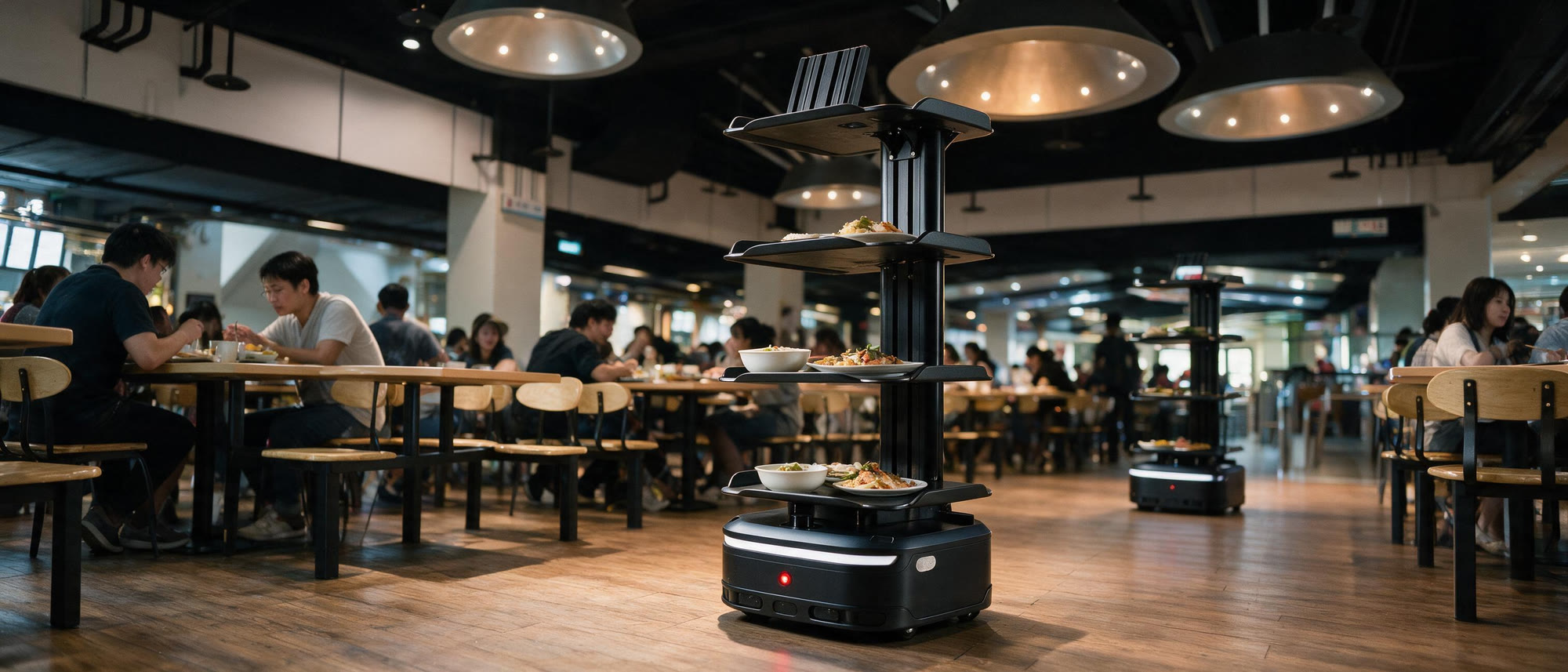 レストランのフロアで働く配膳ロボットのフリート