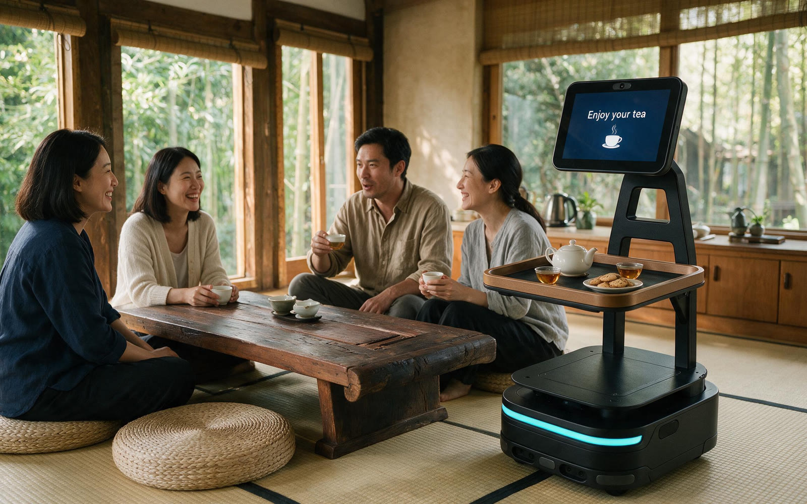 Cha service robot bringing tea to guests in a tea room