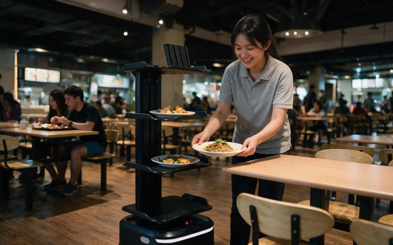 Robot serving a table, staff nearby