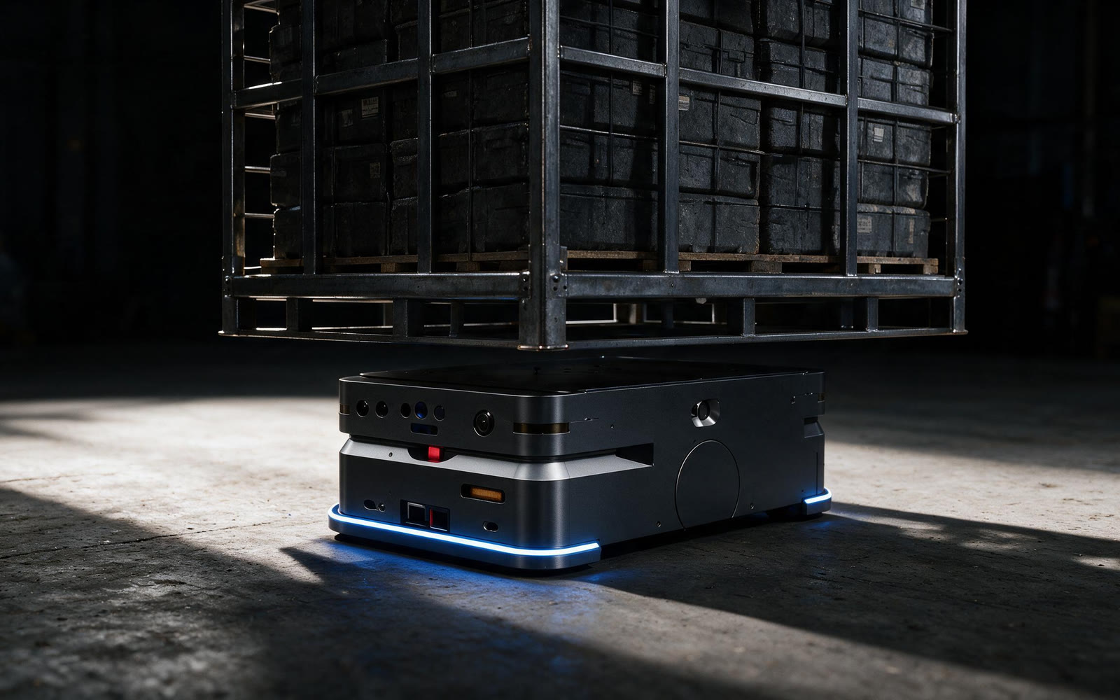 TM-300-S lifting an industrial rack
