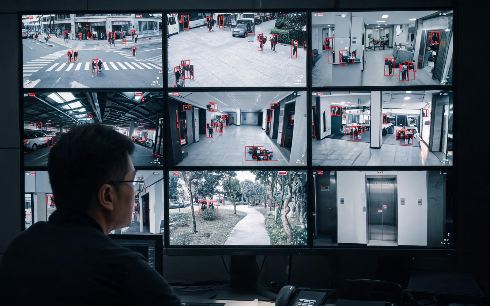 Operator monitoring live CCTV feeds across the city